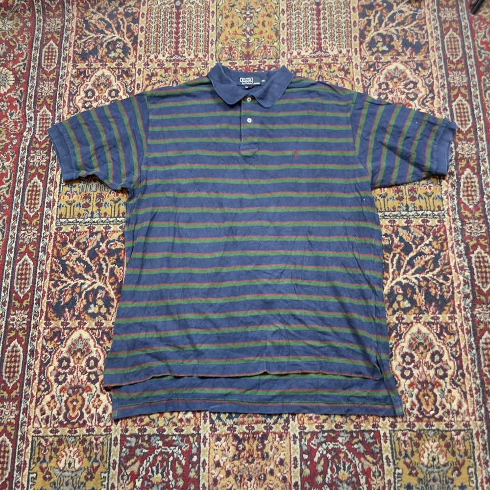 VTG 90s Polo Ralph Lauren XXL Blue Green Striped Short Sleeve Pique Polo Shirt